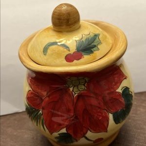 Maxcera Sugar Bowl Yellow Poinsettias Holly Pine Cone Lid Red/Green Gent…